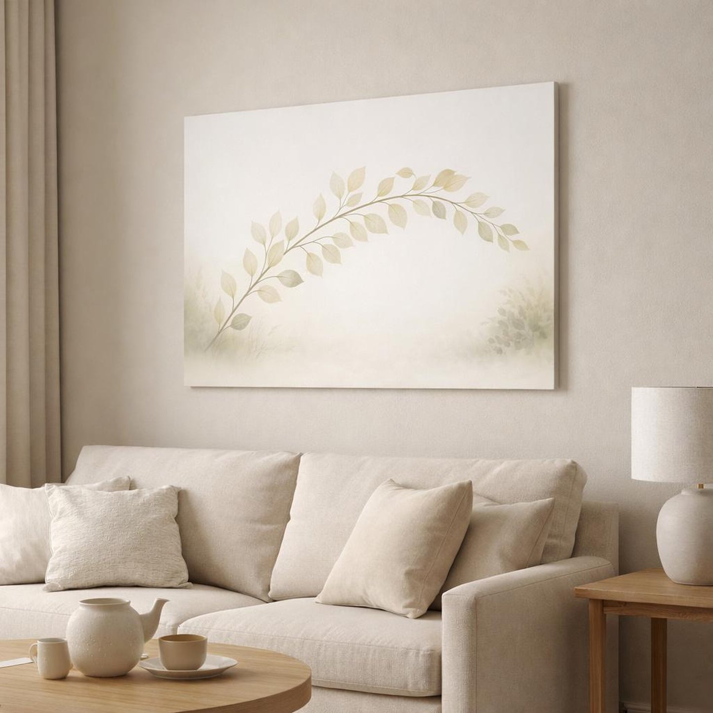 Scandi Light Leaves Soft shown as canvas wall art in a modern living room
