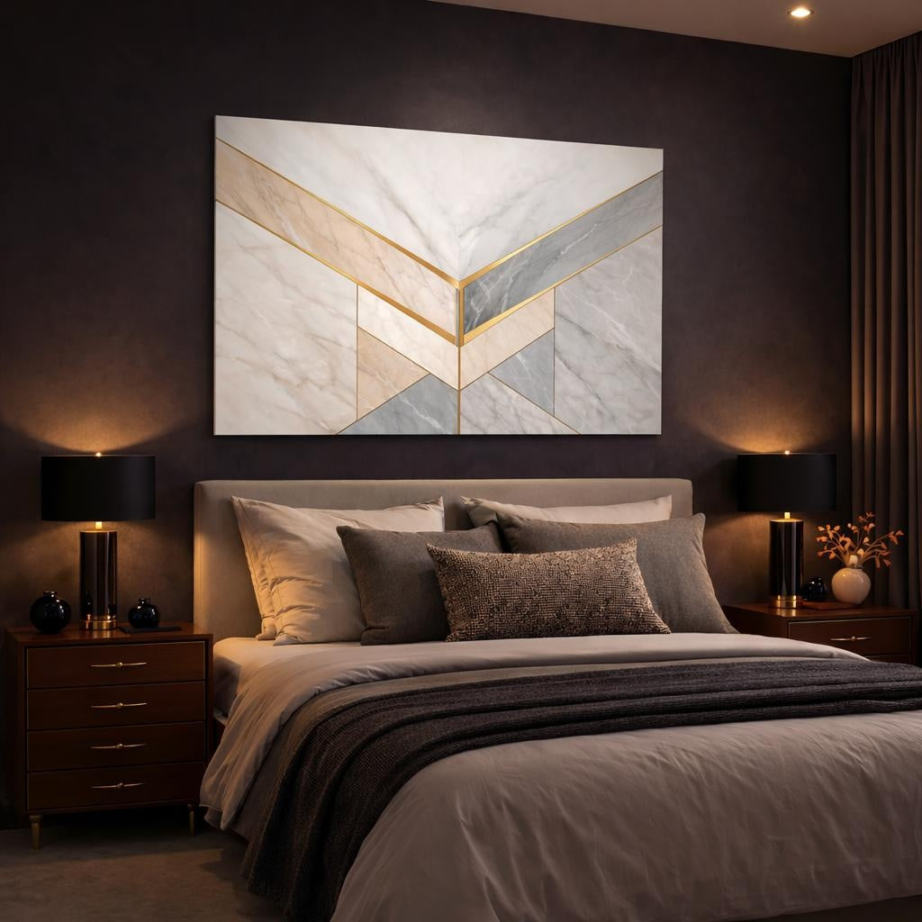 Scandi Light Luxury Marble Pattern shown as canvas wall art in a luxury bedroom