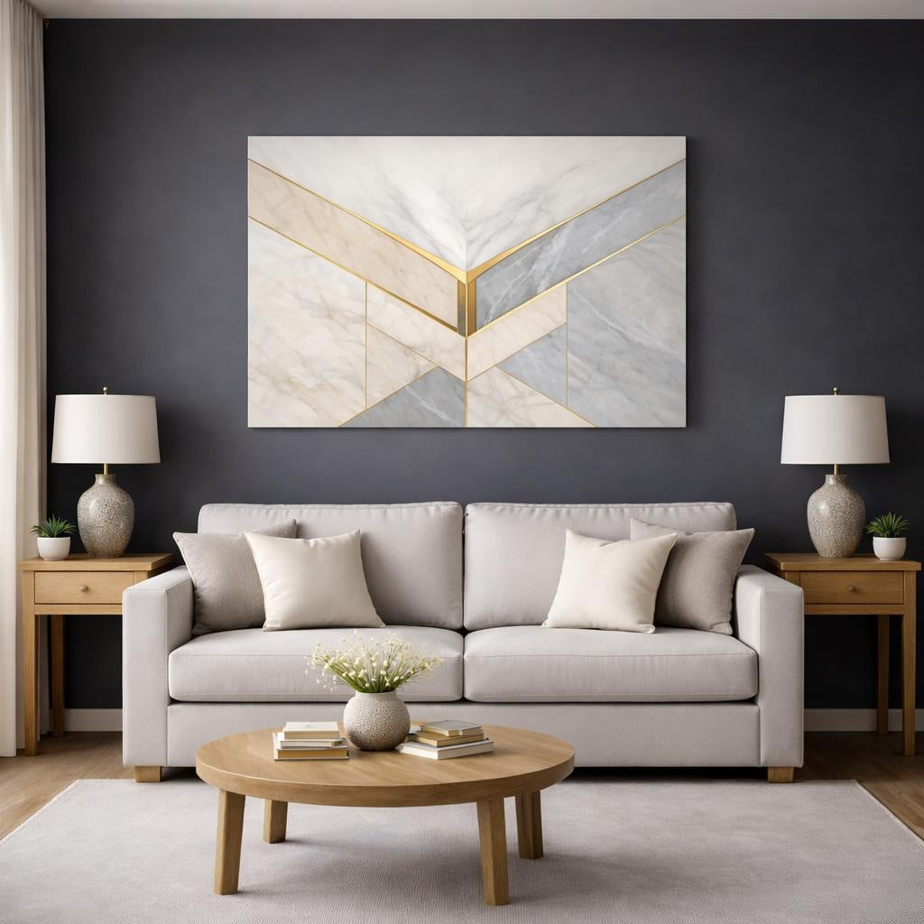 Scandi Light Luxury Marble Pattern shown as canvas wall art in a modern living room