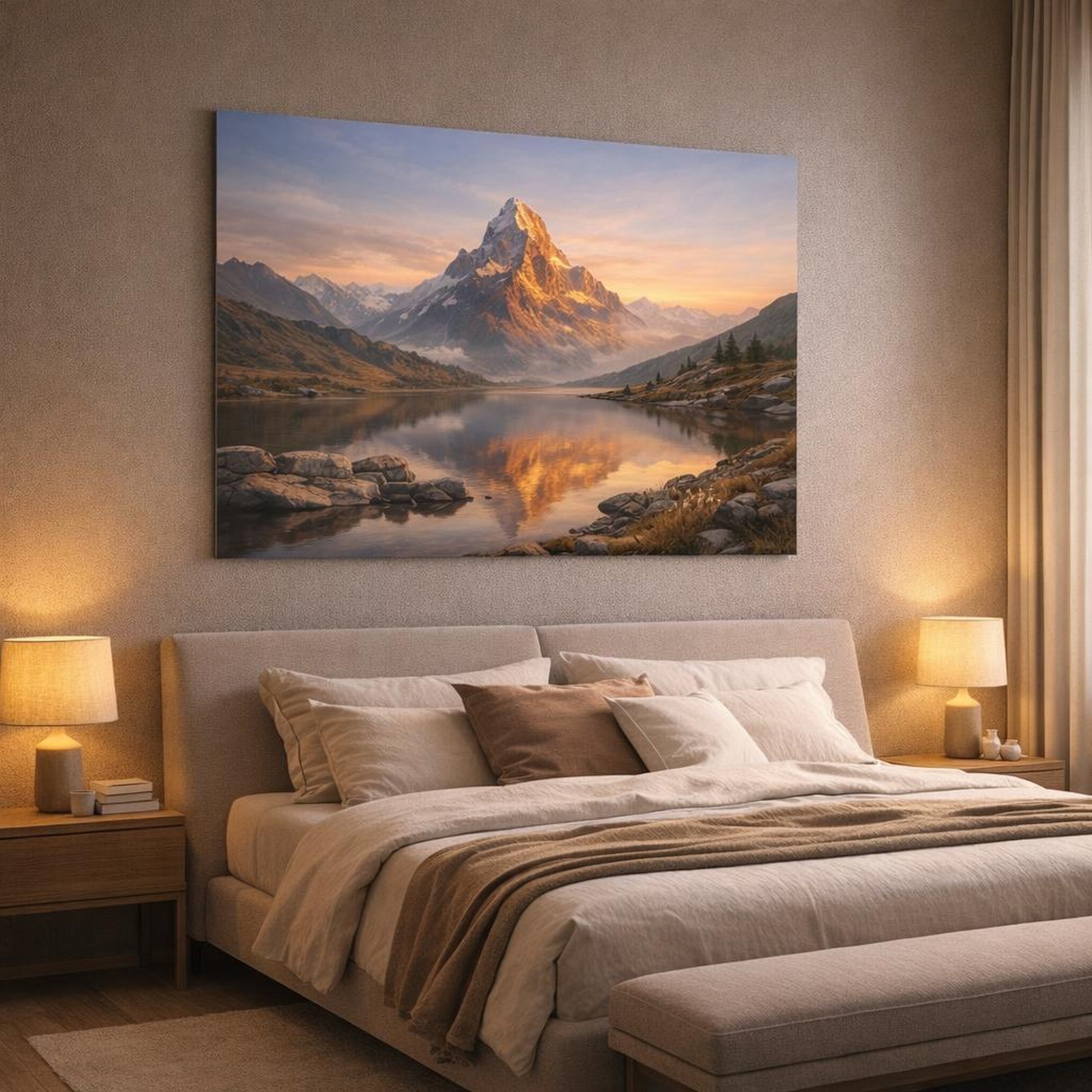 Scandi Light Mountain Sunrise shown as canvas wall art in a luxury bedroom