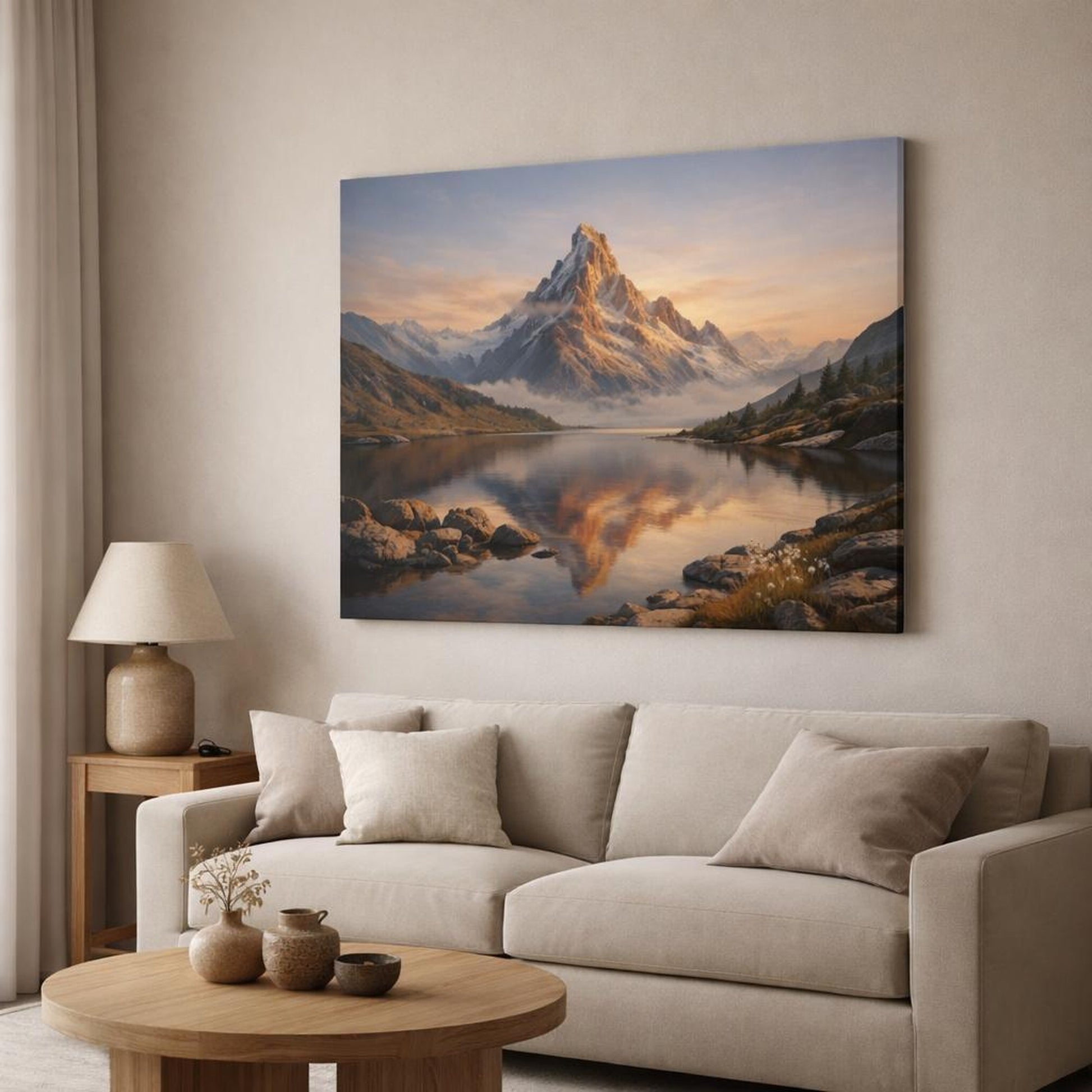 Scandi Light Mountain Sunrise shown as canvas wall art in a modern living room