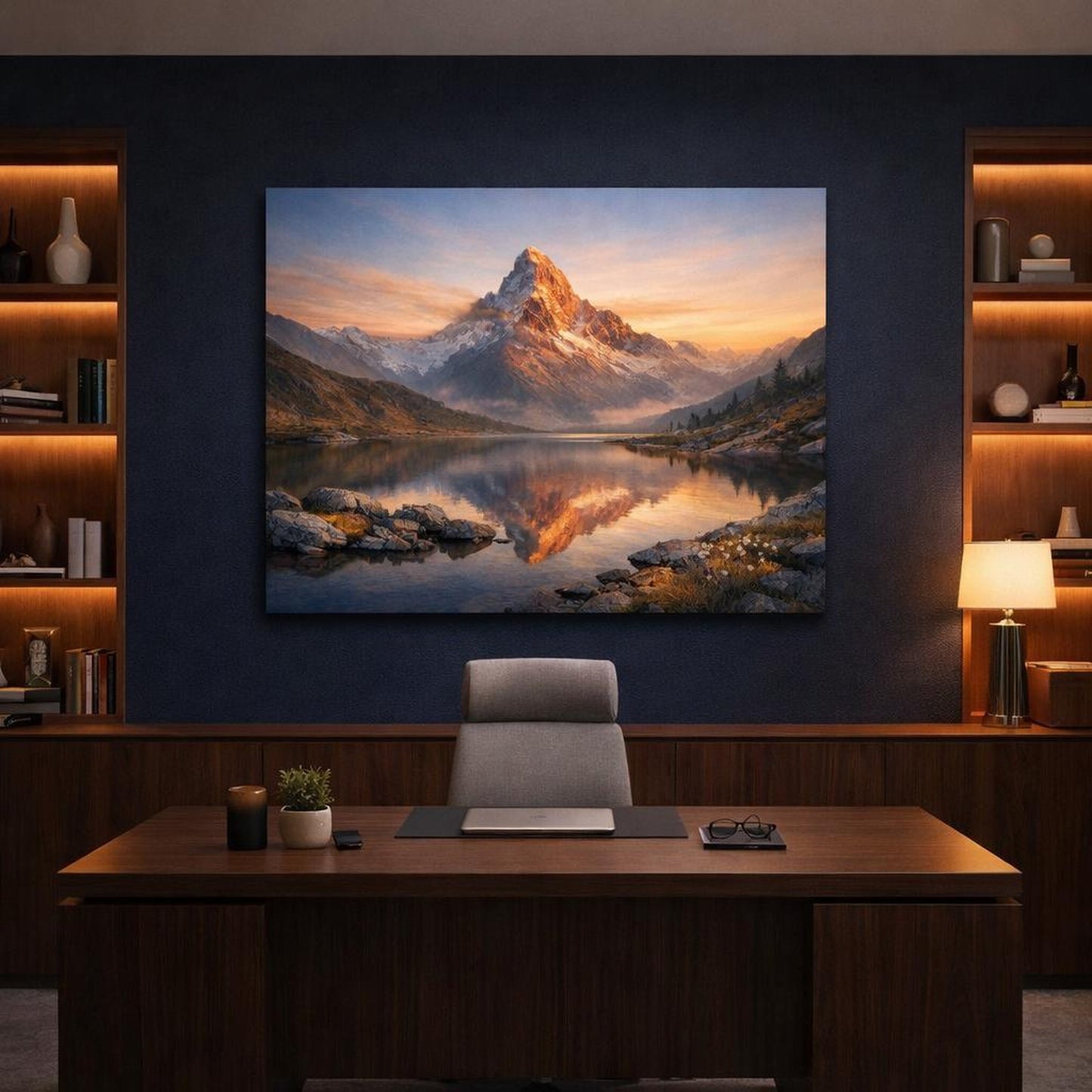Scandi Light Mountain Sunrise shown as canvas wall art in a refined dining room