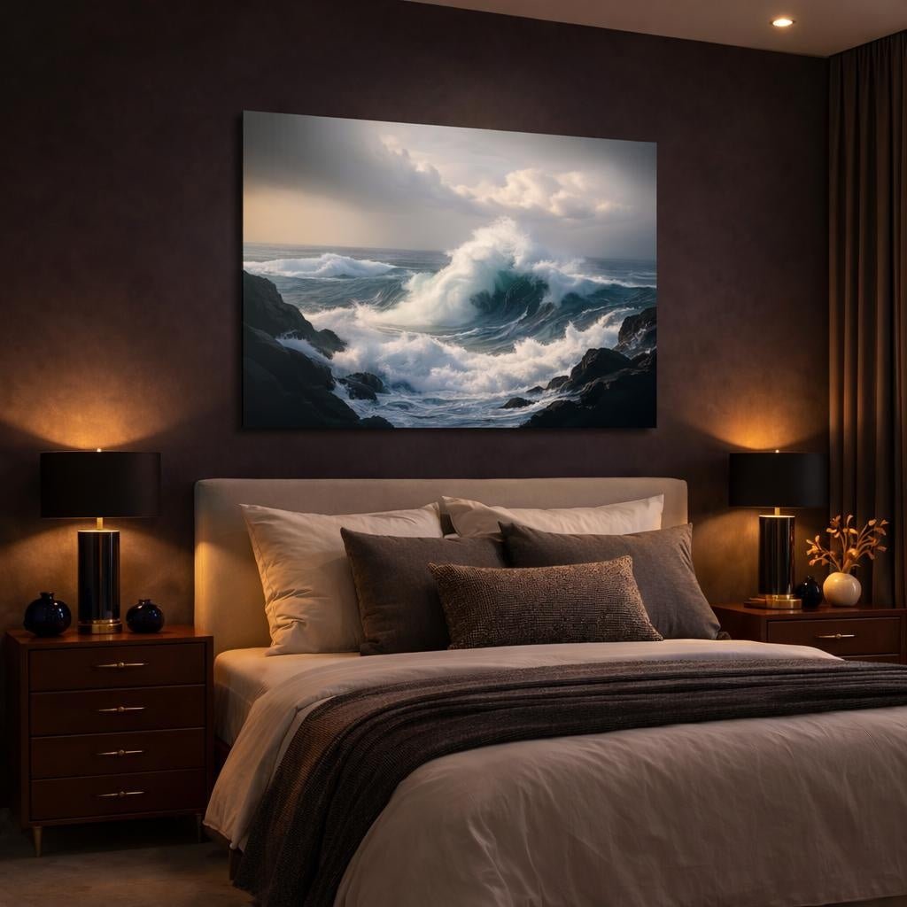 Scandi Light Ocean Storm Waves Nature - Canvas Wall Art Print - YesArtYes