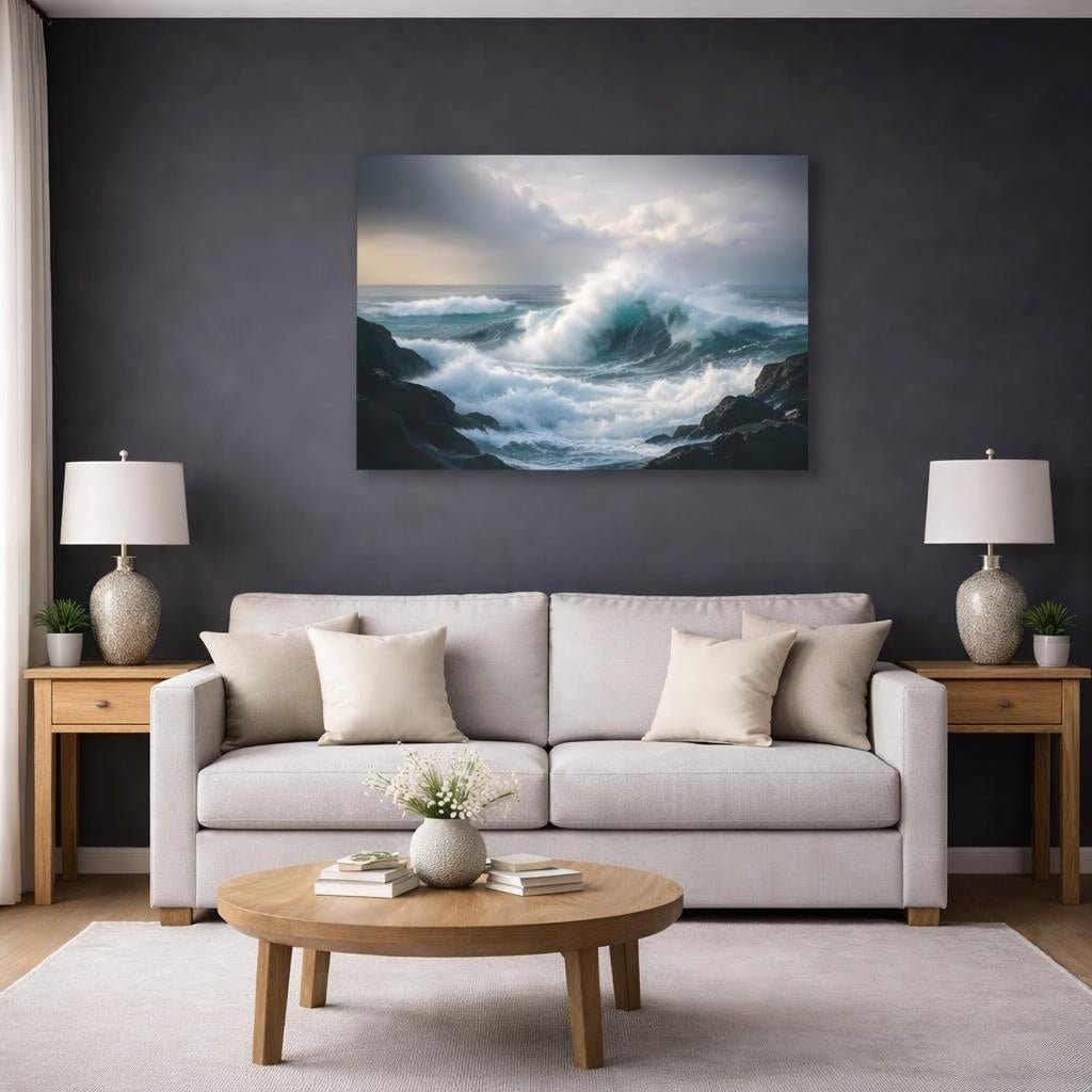 Scandi Light Ocean Storm Waves Nature - Canvas Wall Art Print - YesArtYes