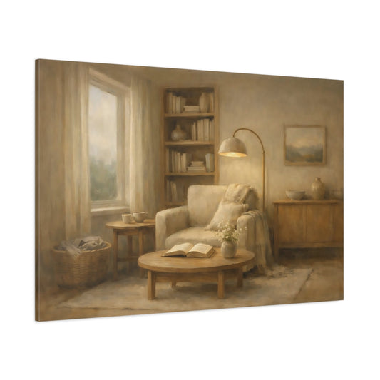Main Mockup. Scandi Light Reading Corner Interior Scene shown as stretched canvas wall art
