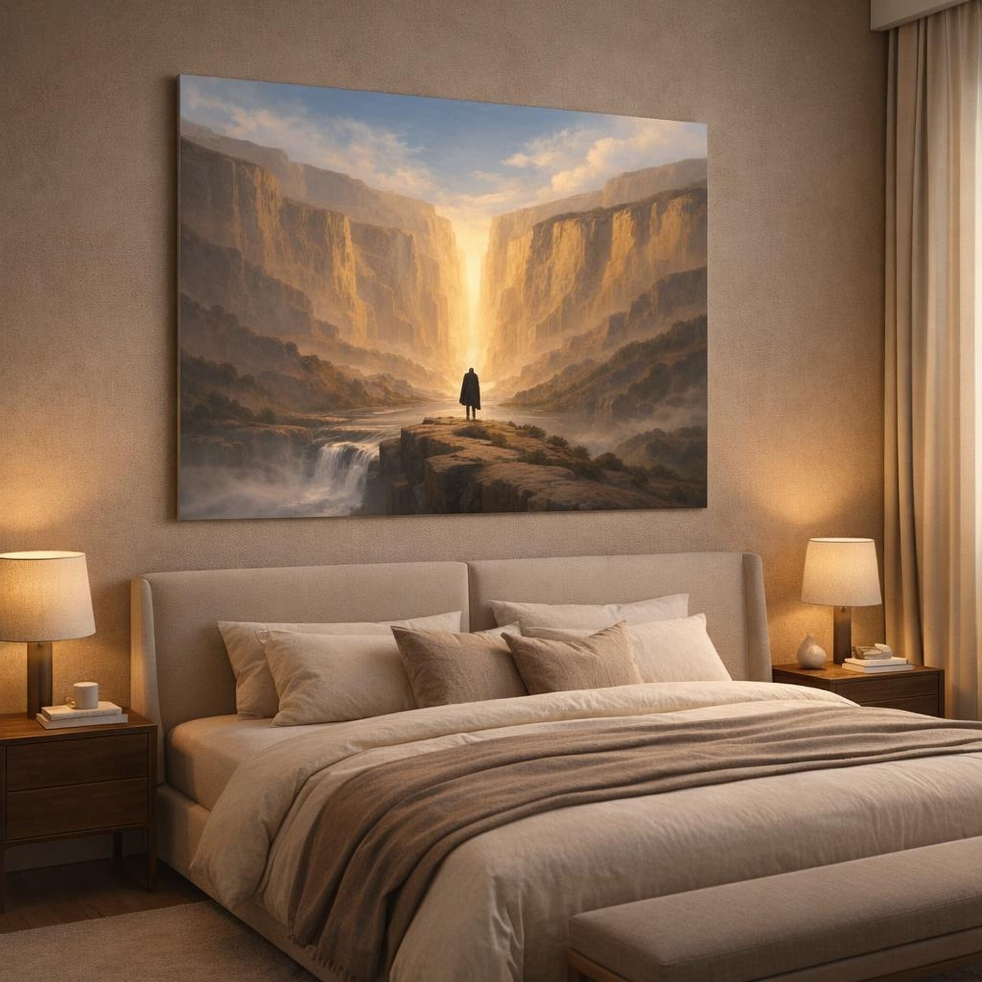 Scandi Light Sky Canyon shown as canvas wall art in a luxury bedroom