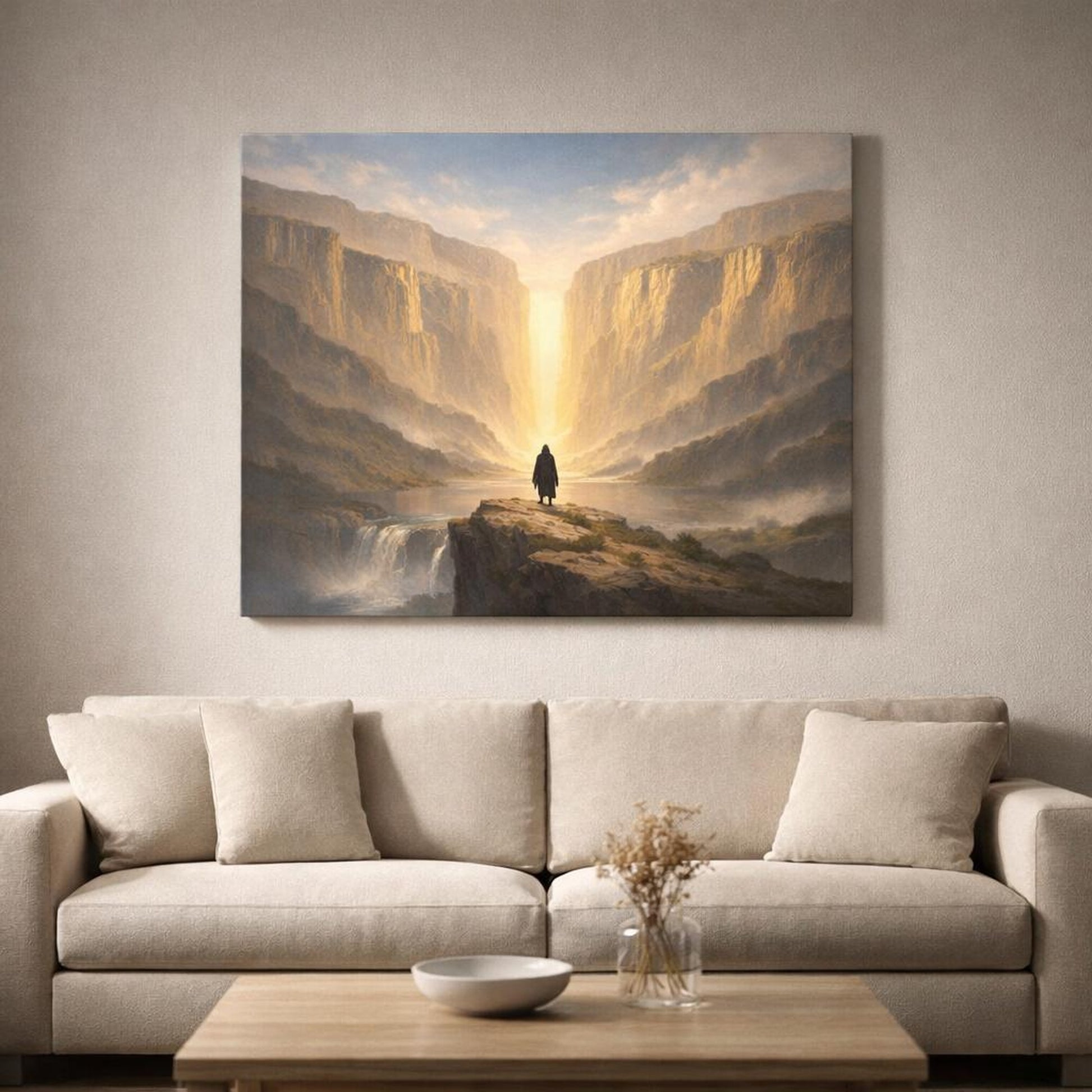 Scandi Light Sky Canyon shown as canvas wall art in a refined dining room