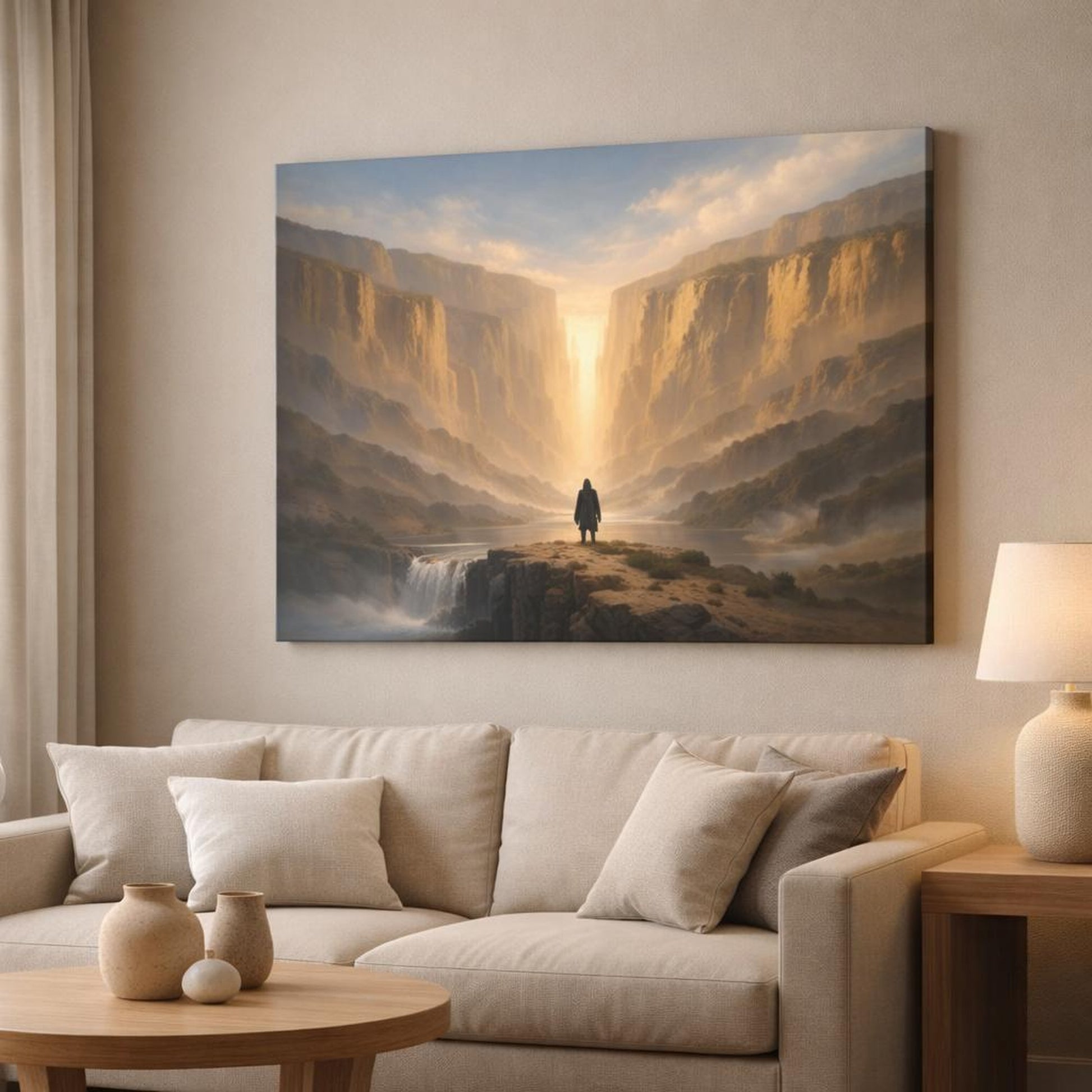 Scandi Light Sky Canyon shown as canvas wall art in a modern living room