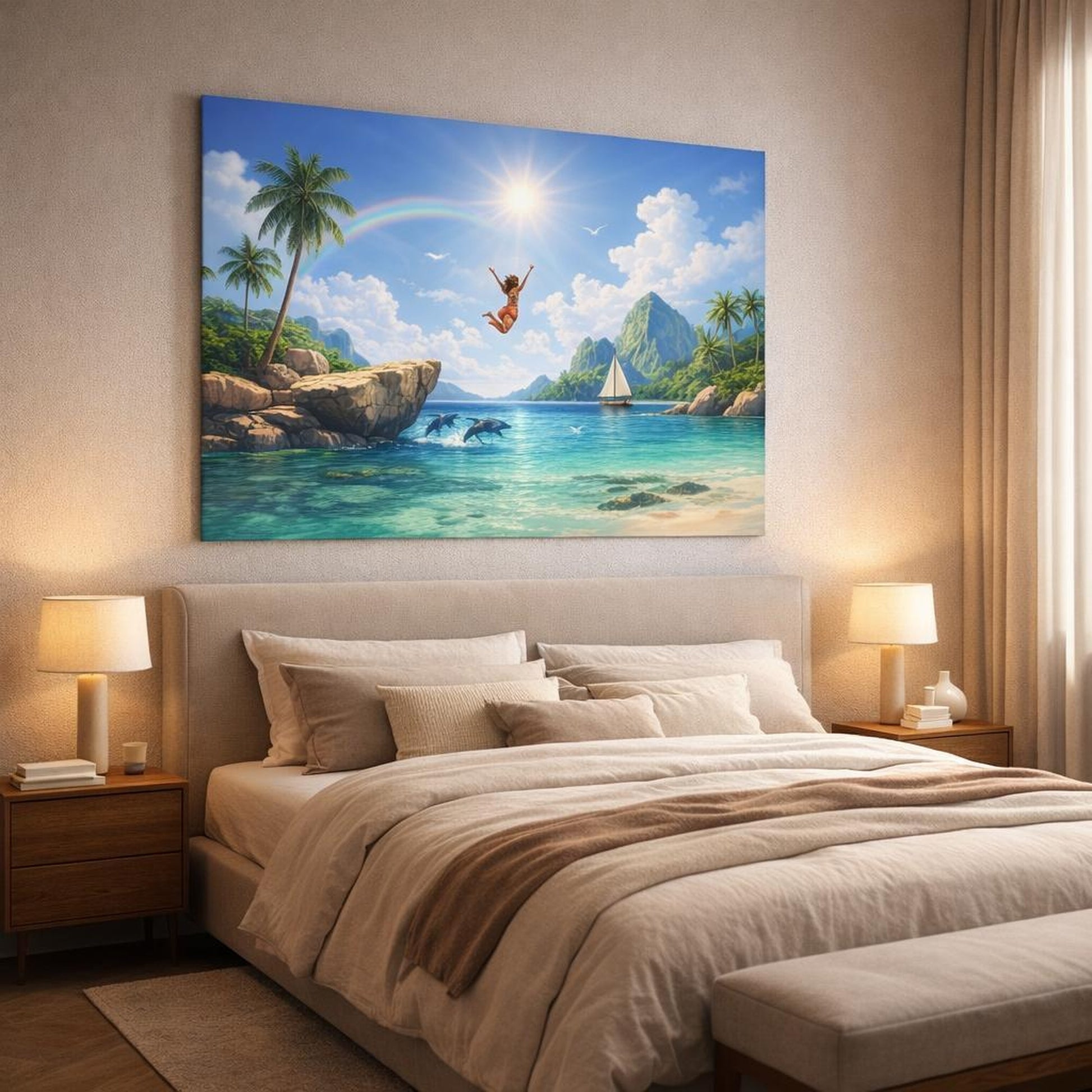 Scandi Light Tropical Lagoon shown as canvas wall art in a luxury bedroom