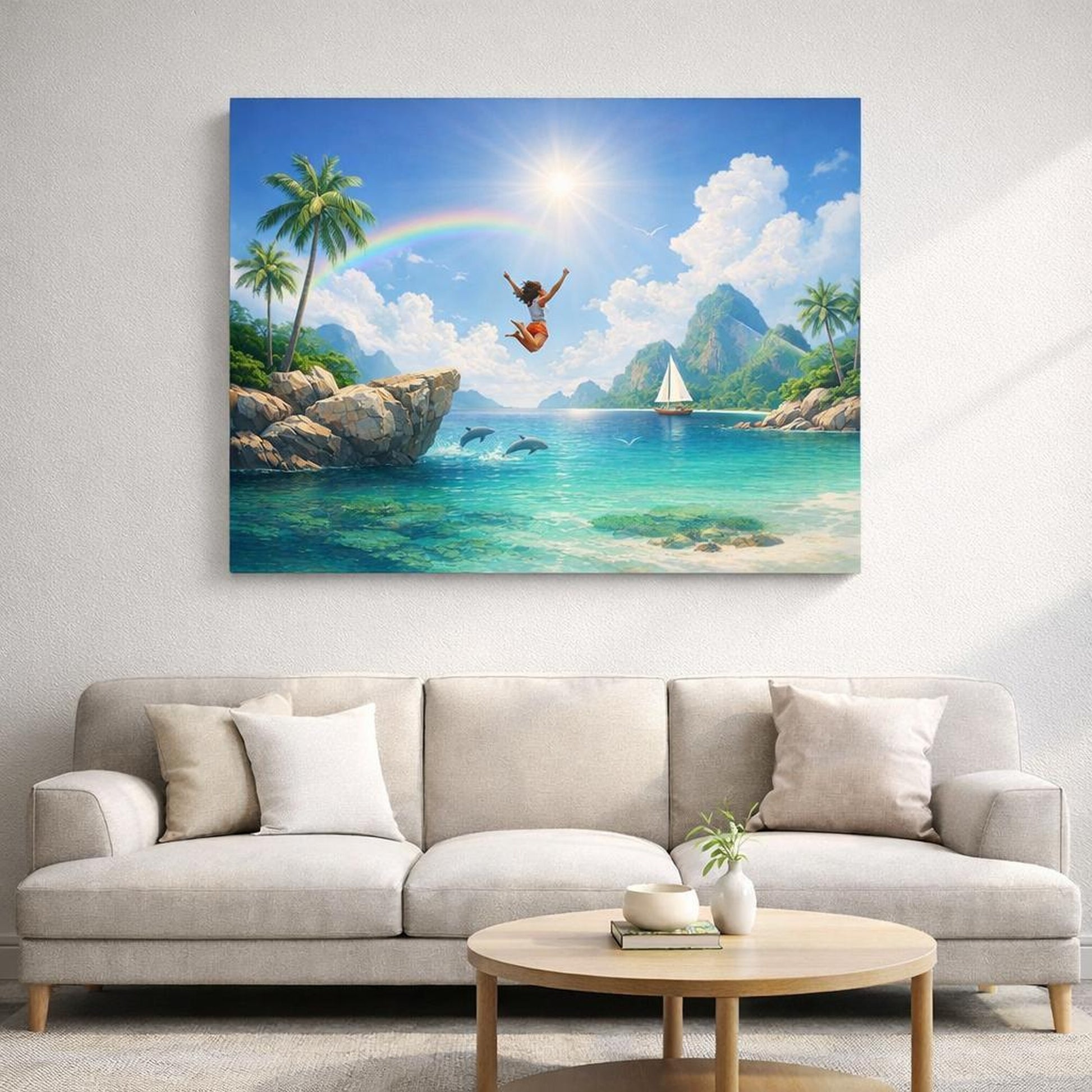 Scandi Light Tropical Lagoon shown as canvas wall art in a refined dining room