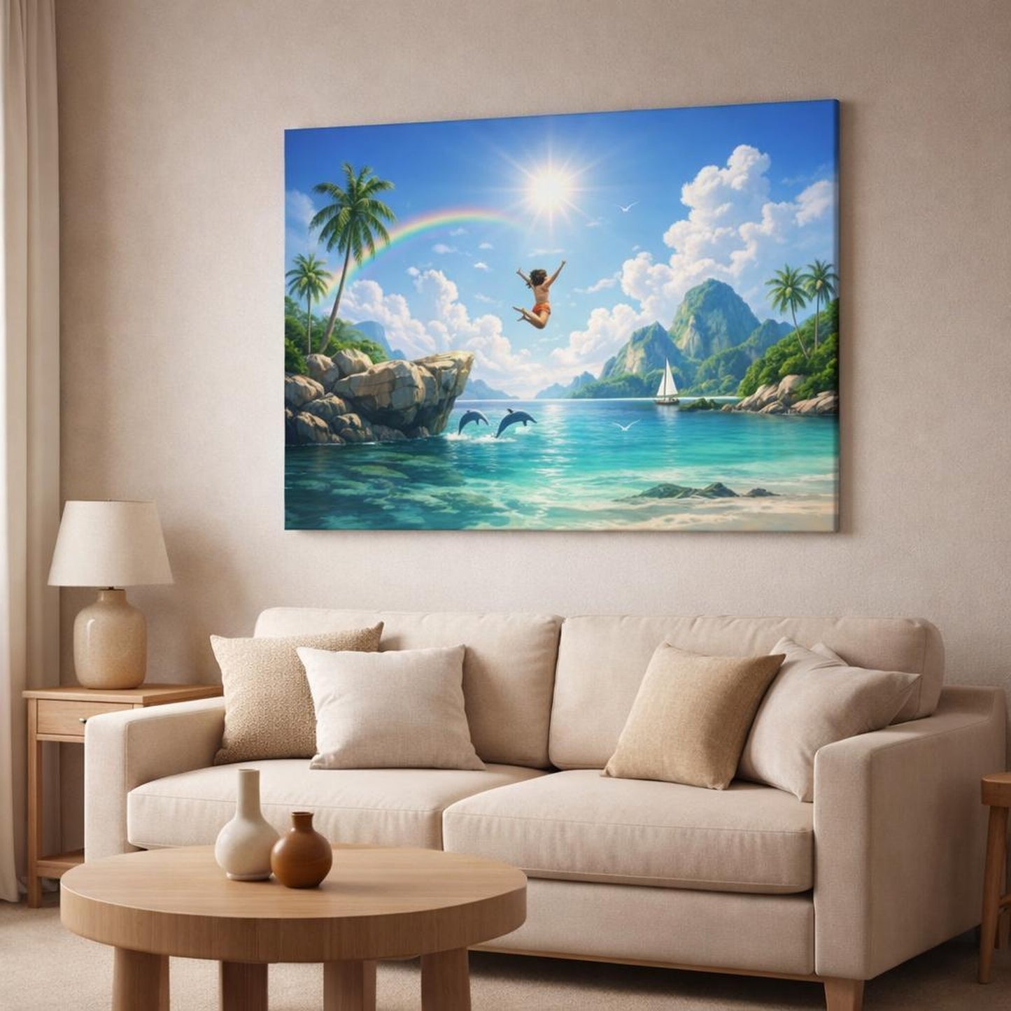 Scandi Light Tropical Lagoon shown as canvas wall art in a modern living room