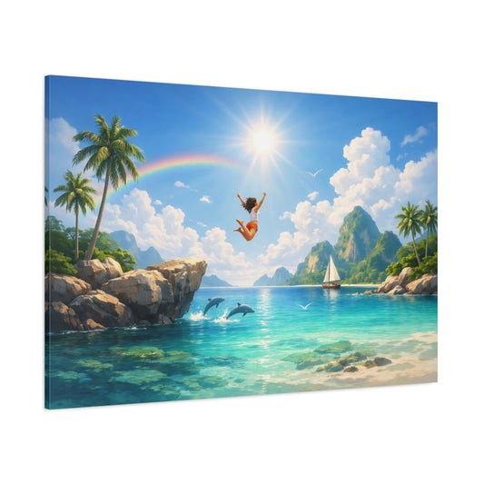 Scandi Light Tropical Lagoon shown as stretched canvas wall art