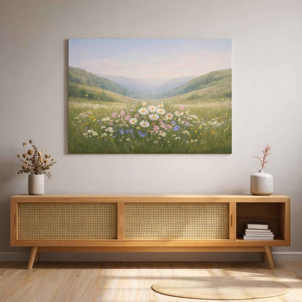 Scandi Light Wildflowers Hills shown as canvas wall art in a refined dining room