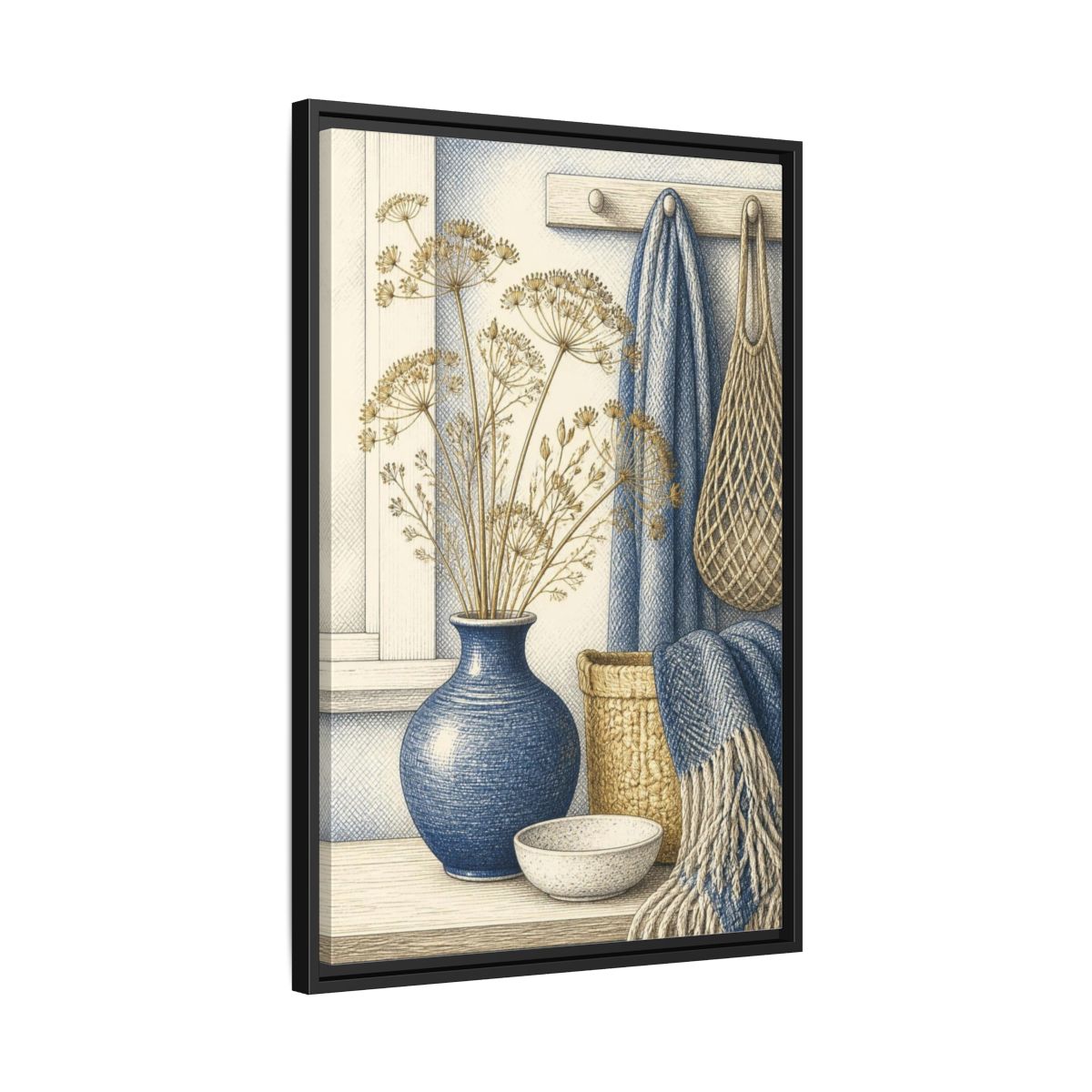 Side Mockup 14. Scandinavian Blue Vase Still Life shown as framed canvas print