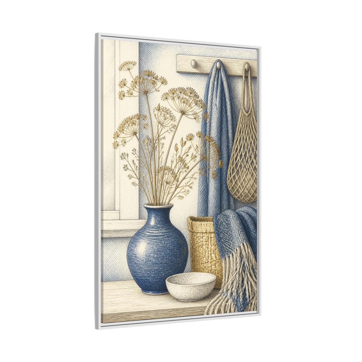 Side Mockup 7. Scandinavian Blue Vase Still Life shown as framed canvas print