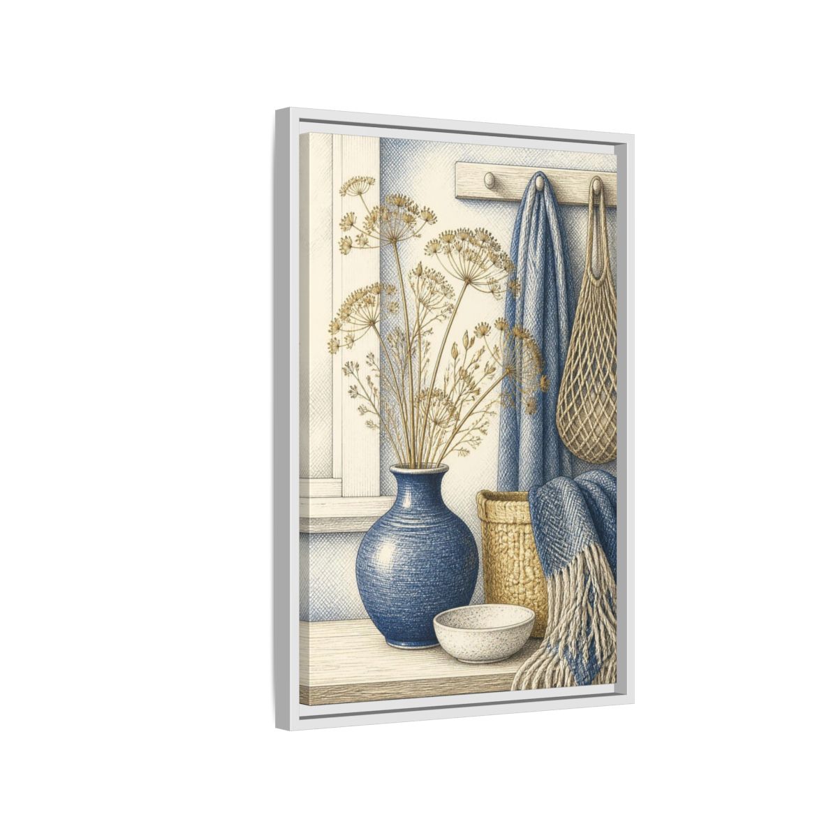Side Mockup 1. Scandinavian Blue Vase Still Life shown as framed canvas print