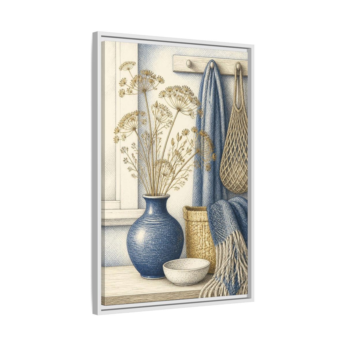 Side Mockup 10. Scandinavian Blue Vase Still Life shown as framed canvas print