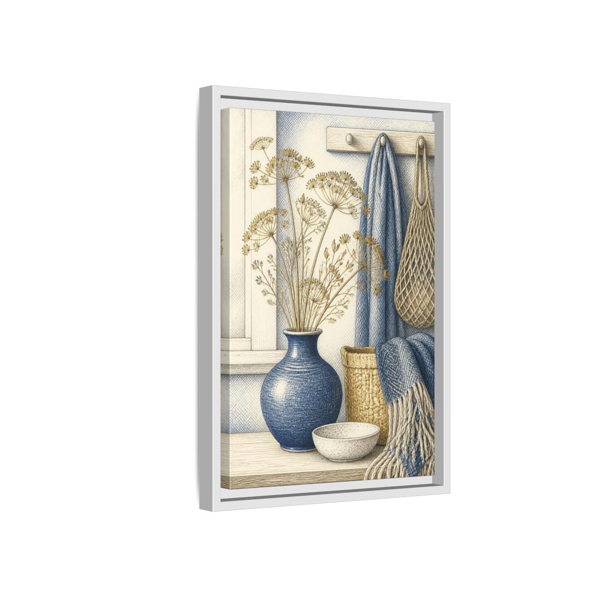 Side Mockup 4. Scandinavian Blue Vase Still Life shown as framed canvas print