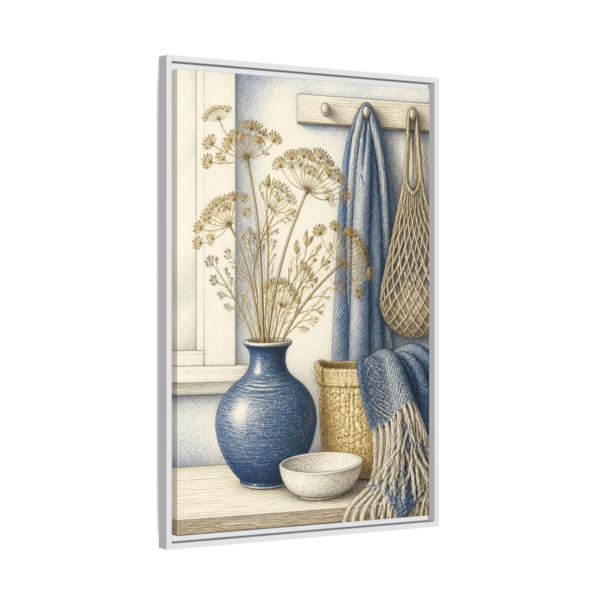 Side Mockup 9. Scandinavian Blue Vase Still Life shown as framed canvas print