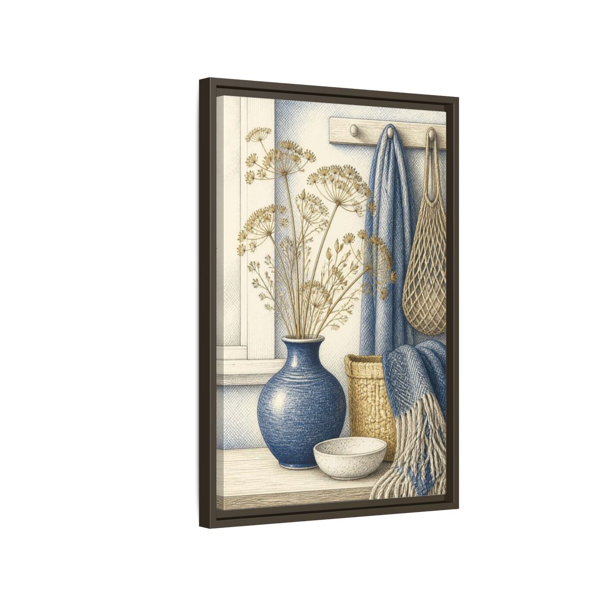 Side Mockup 2. Scandinavian Blue Vase Still Life shown as framed canvas print