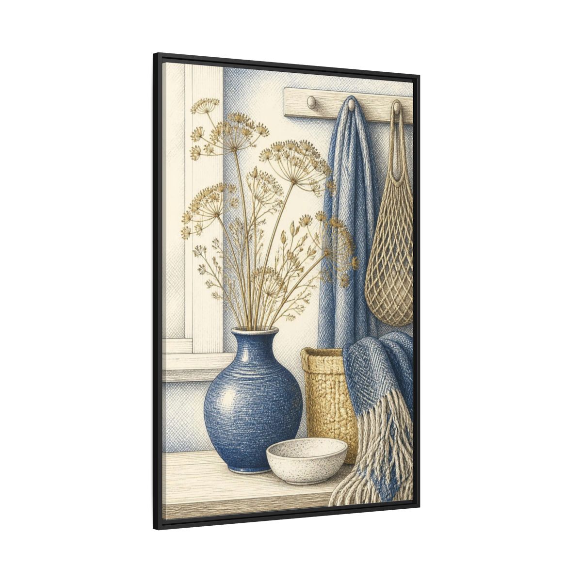Side Mockup 12. Scandinavian Blue Vase Still Life shown as framed canvas print