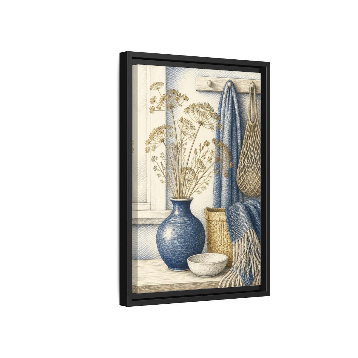Side Mockup 6. Scandinavian Blue Vase Still Life shown as framed canvas print