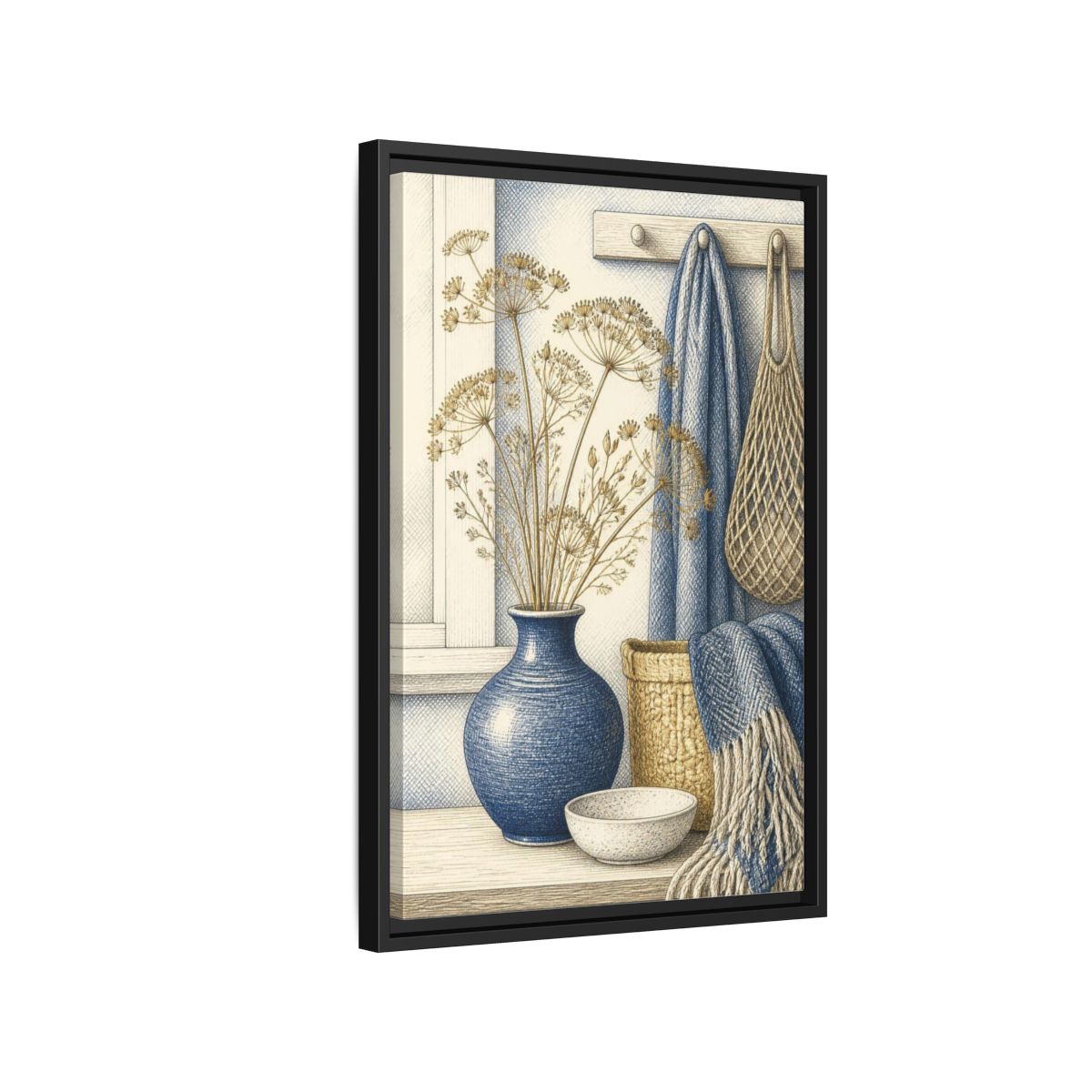 Side Mockup 3. Scandinavian Blue Vase Still Life shown as framed canvas print