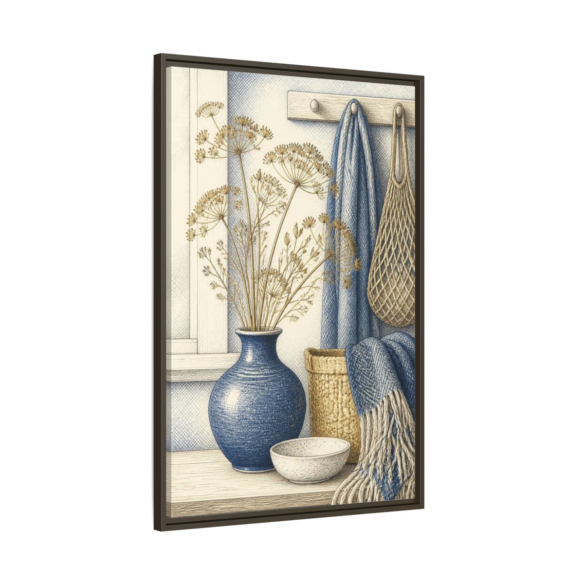 Main Mockup. Scandinavian Blue Vase Still Life shown as framed canvas print