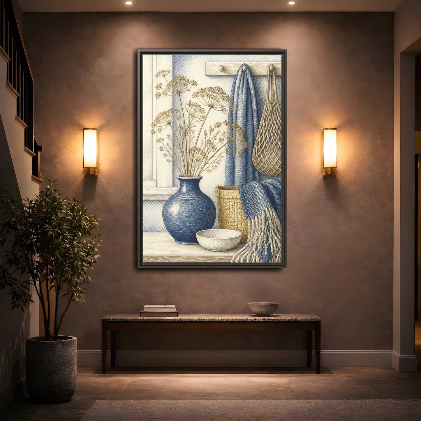 Mockup 2. Scandinavian Blue Vase Still Life shown as framed canvas print