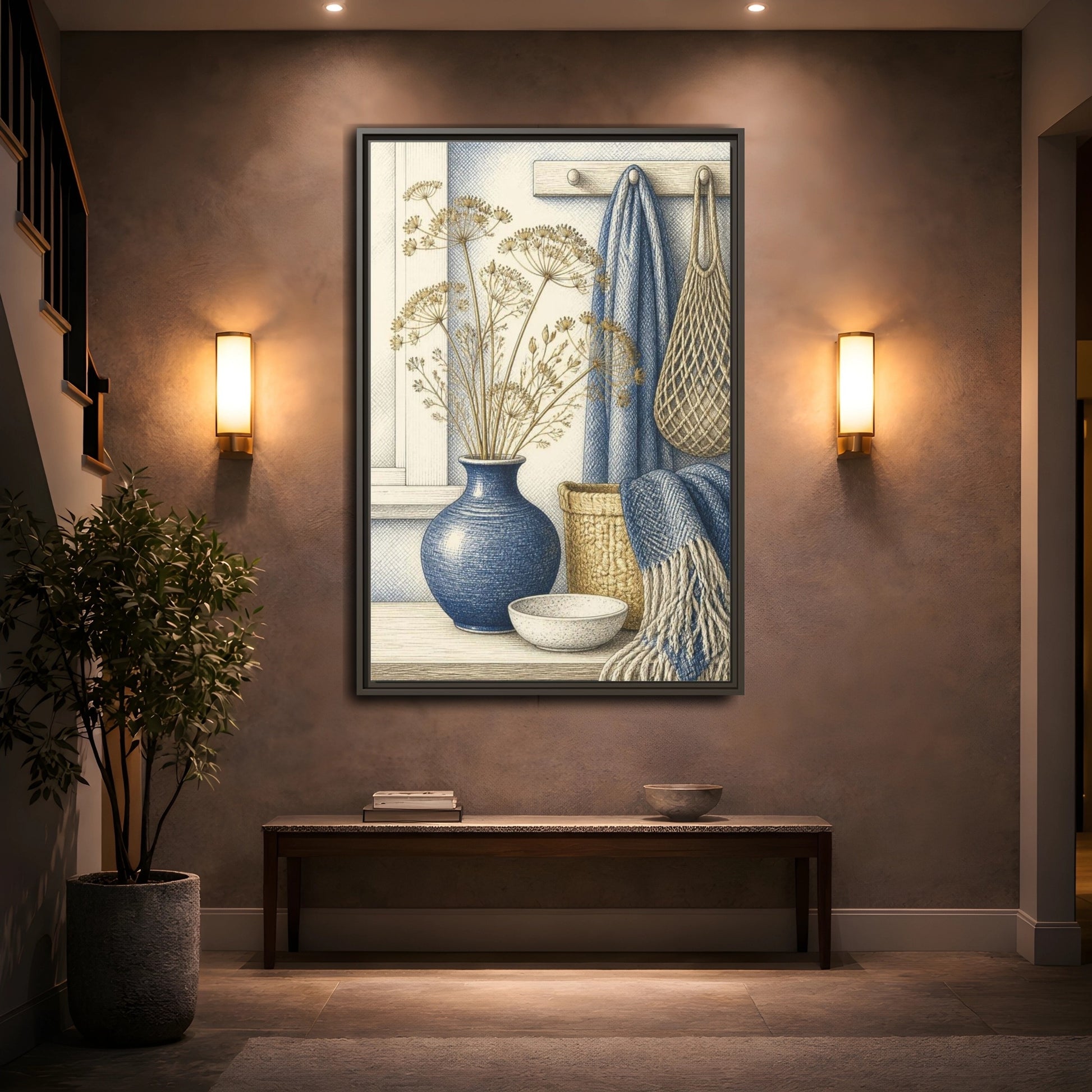 Mockup 2. Scandinavian Blue Vase Still Life shown as framed canvas print