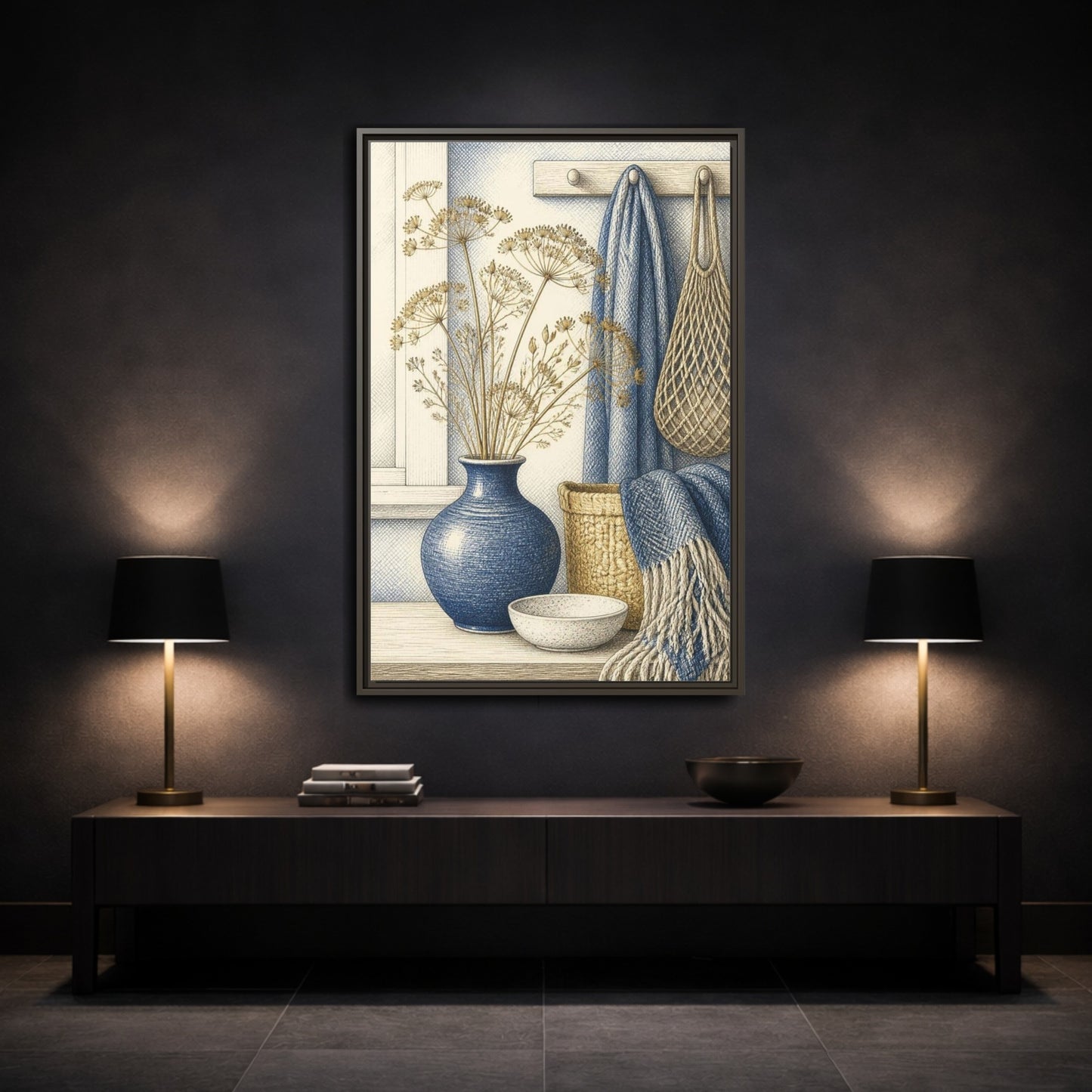 Mockup 3. Scandinavian Blue Vase Still Life shown as framed canvas print