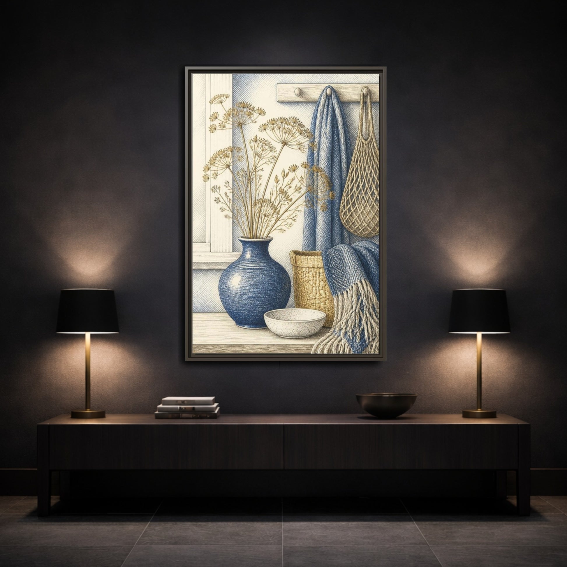 Mockup 3. Scandinavian Blue Vase Still Life shown as framed canvas print