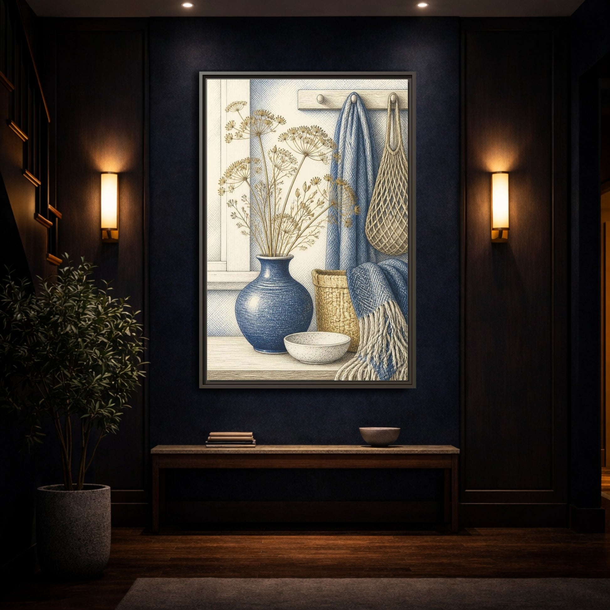 Mockup 4. Scandinavian Blue Vase Still Life shown as framed canvas print