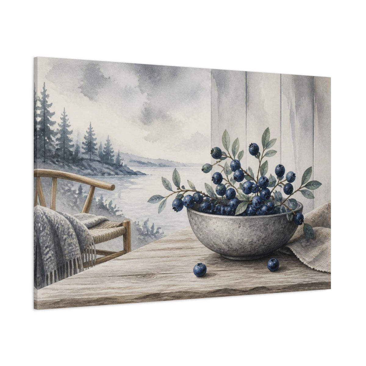 Side Mockup 1. Scandinavian Blueberry Bowl shown as canvas print