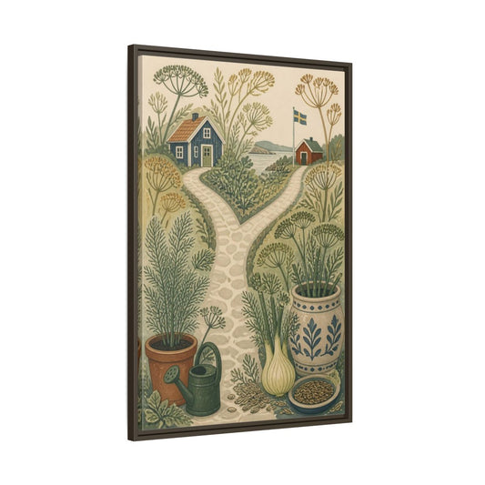Main Mockup. Scandinavian Cottage Garden shown as framed canvas print