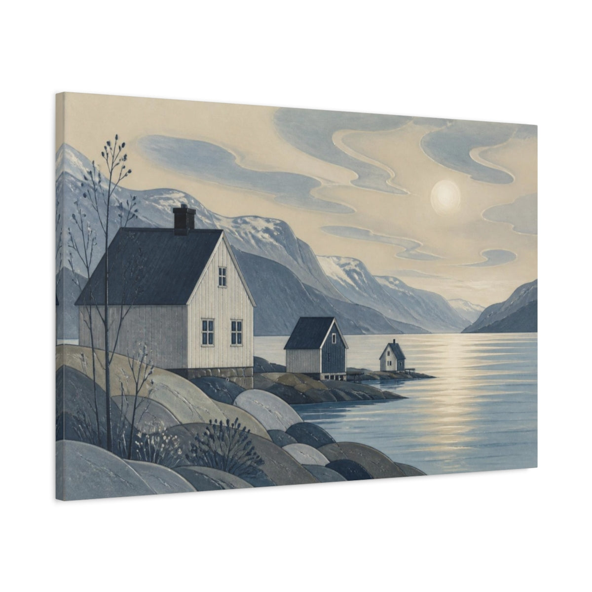 Main Mockup. Scandinavian Fjord Houses shown as canvas print
