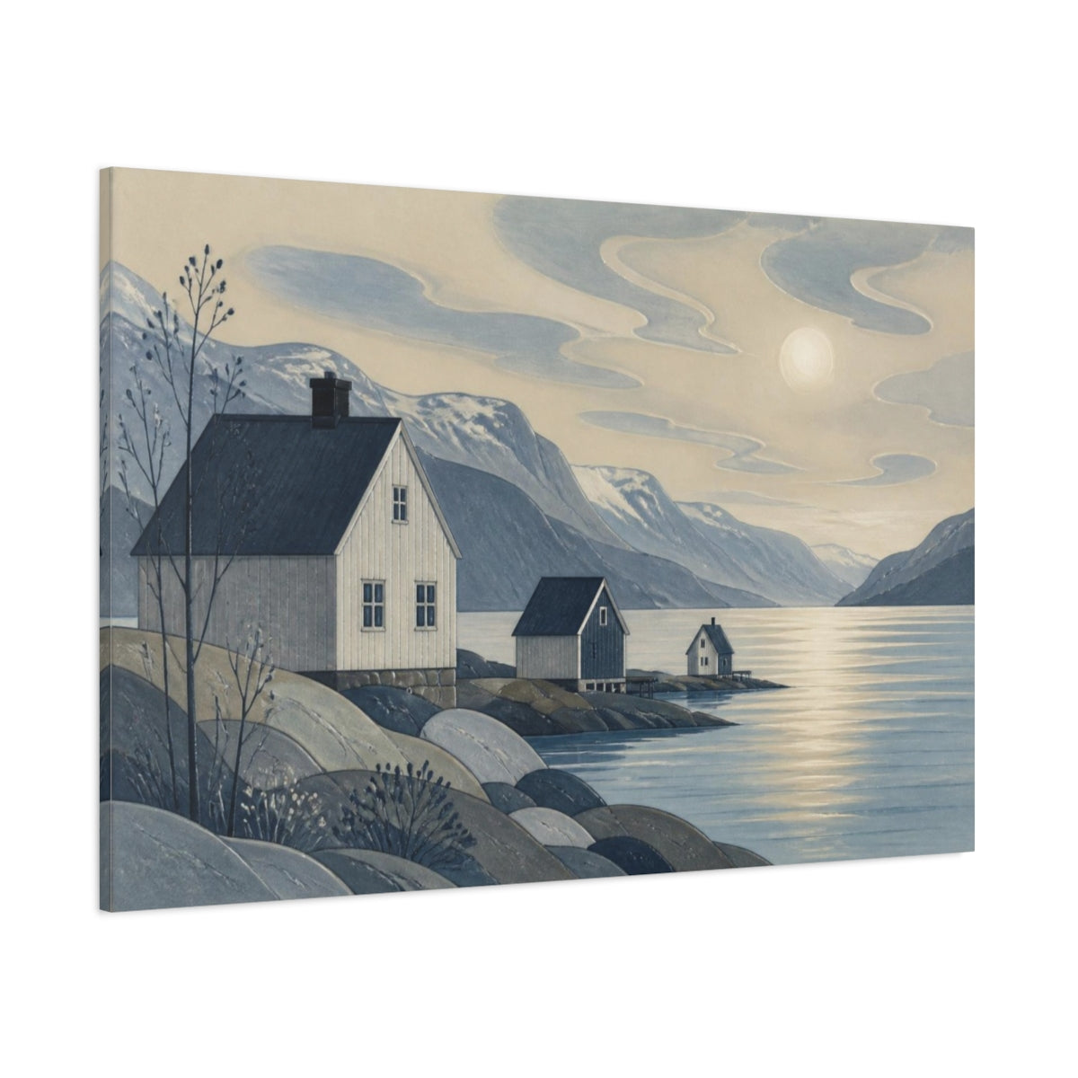 Side Mockup 1. Scandinavian Fjord Houses shown as canvas print