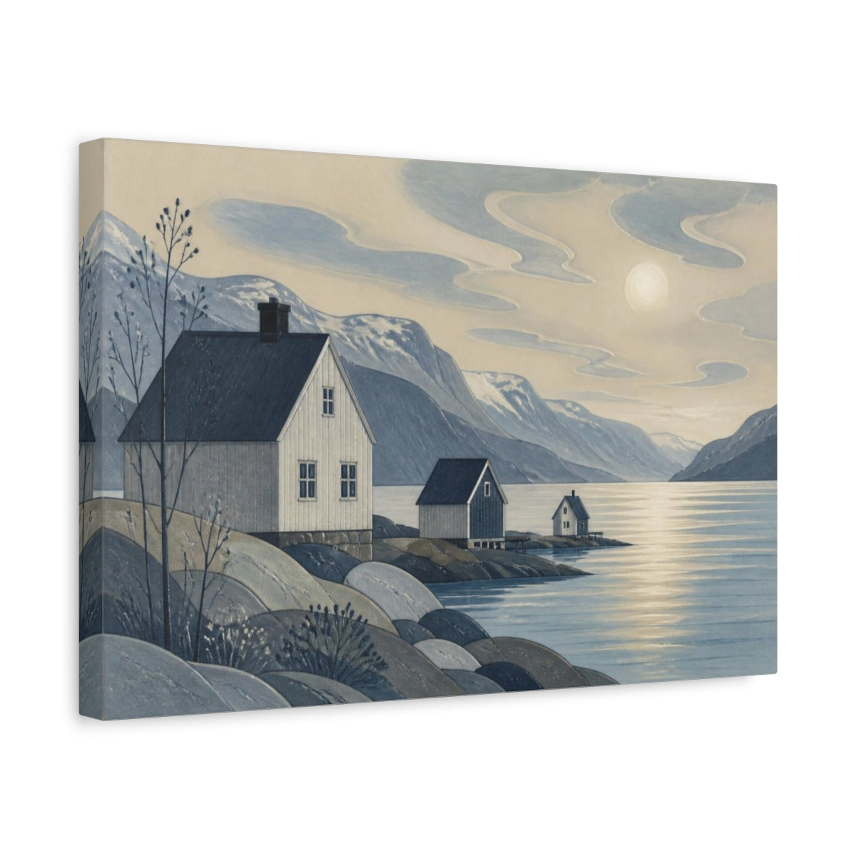 Side Mockup 4. Scandinavian Fjord Houses shown as canvas print