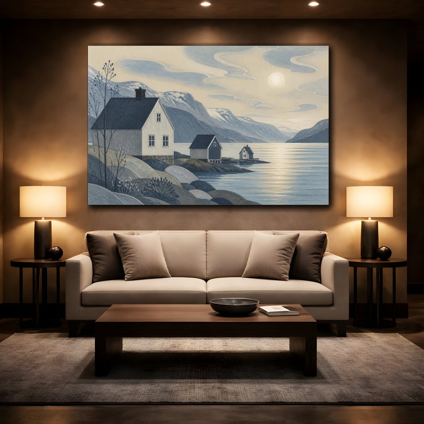 Mockup 2. Scandinavian Fjord Houses shown as canvas print