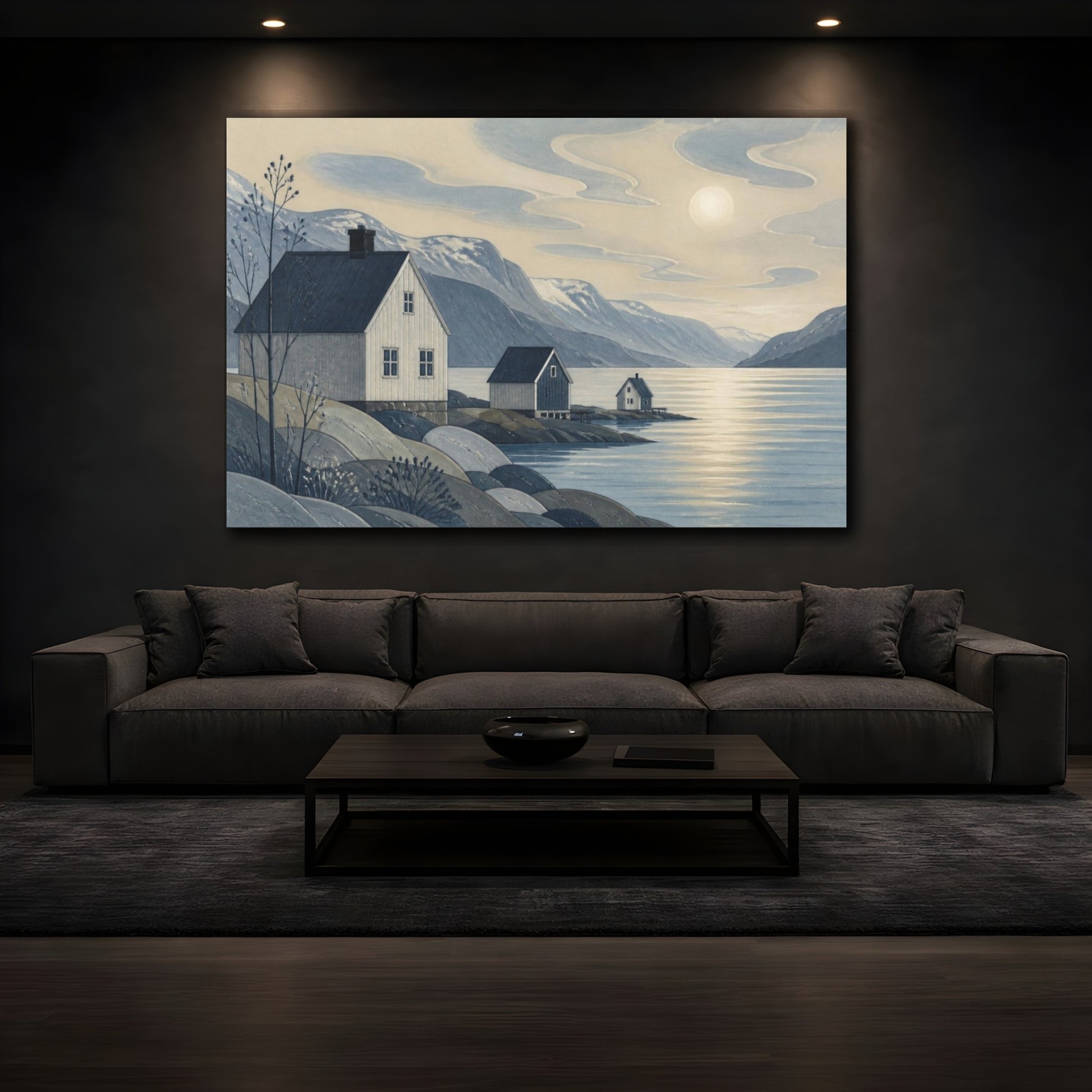 Mockup 3. Scandinavian Fjord Houses shown as canvas print