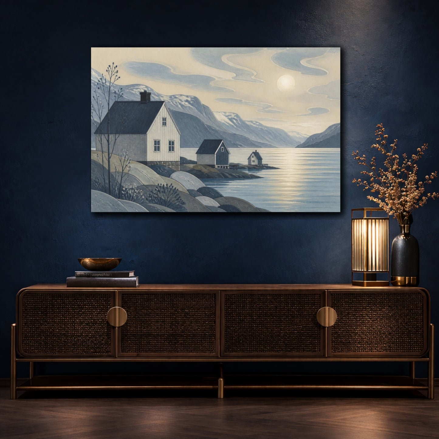Mockup 4. Scandinavian Fjord Houses shown as canvas print
