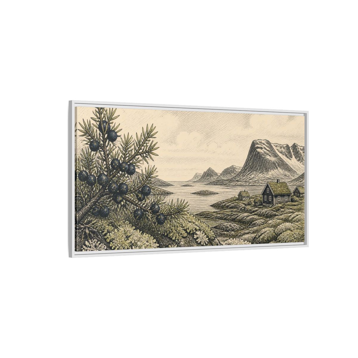 Side Mockup 3. Scandinavian Juniper Coast shown as framed canvas print