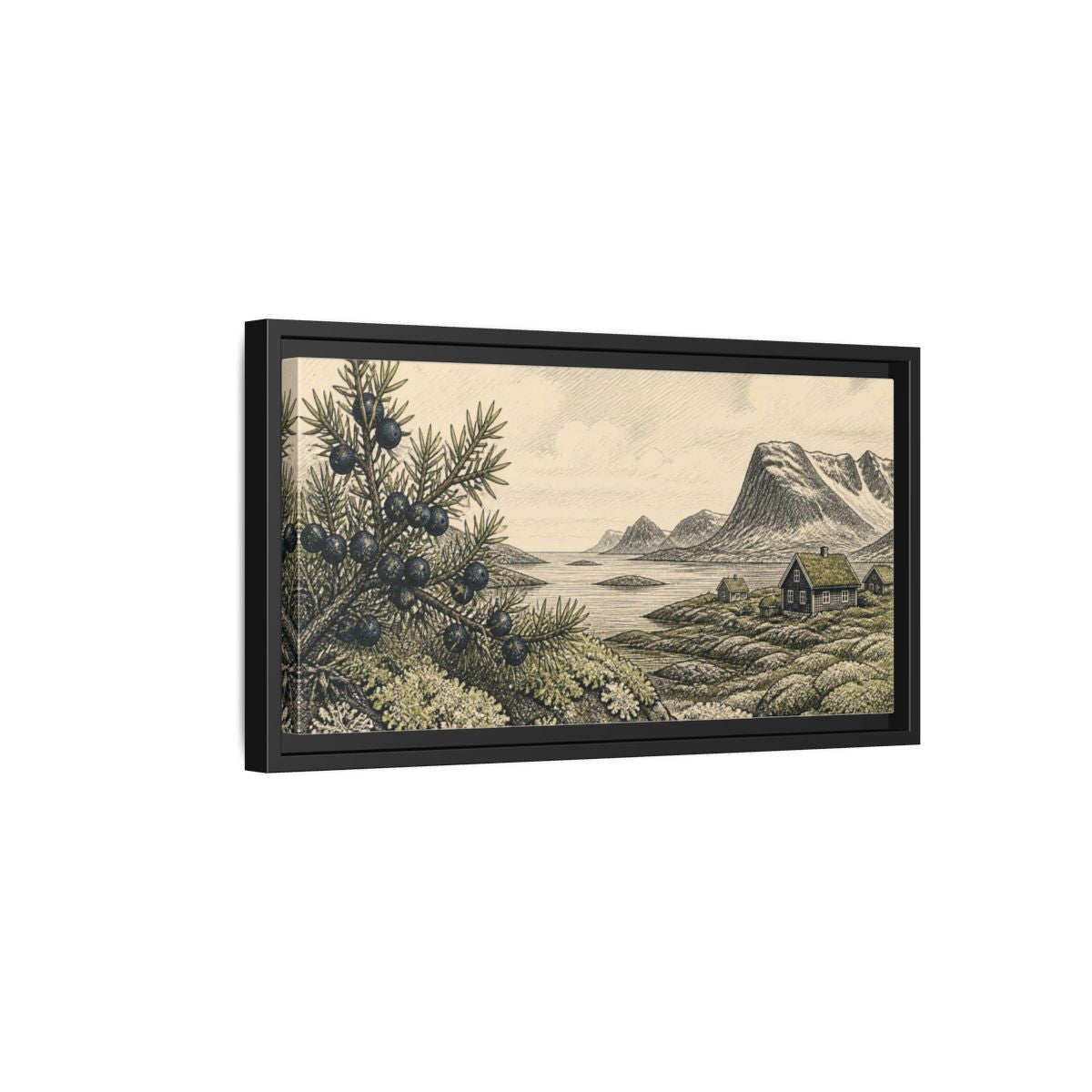 Side Mockup 8. Scandinavian Juniper Coast shown as framed canvas print