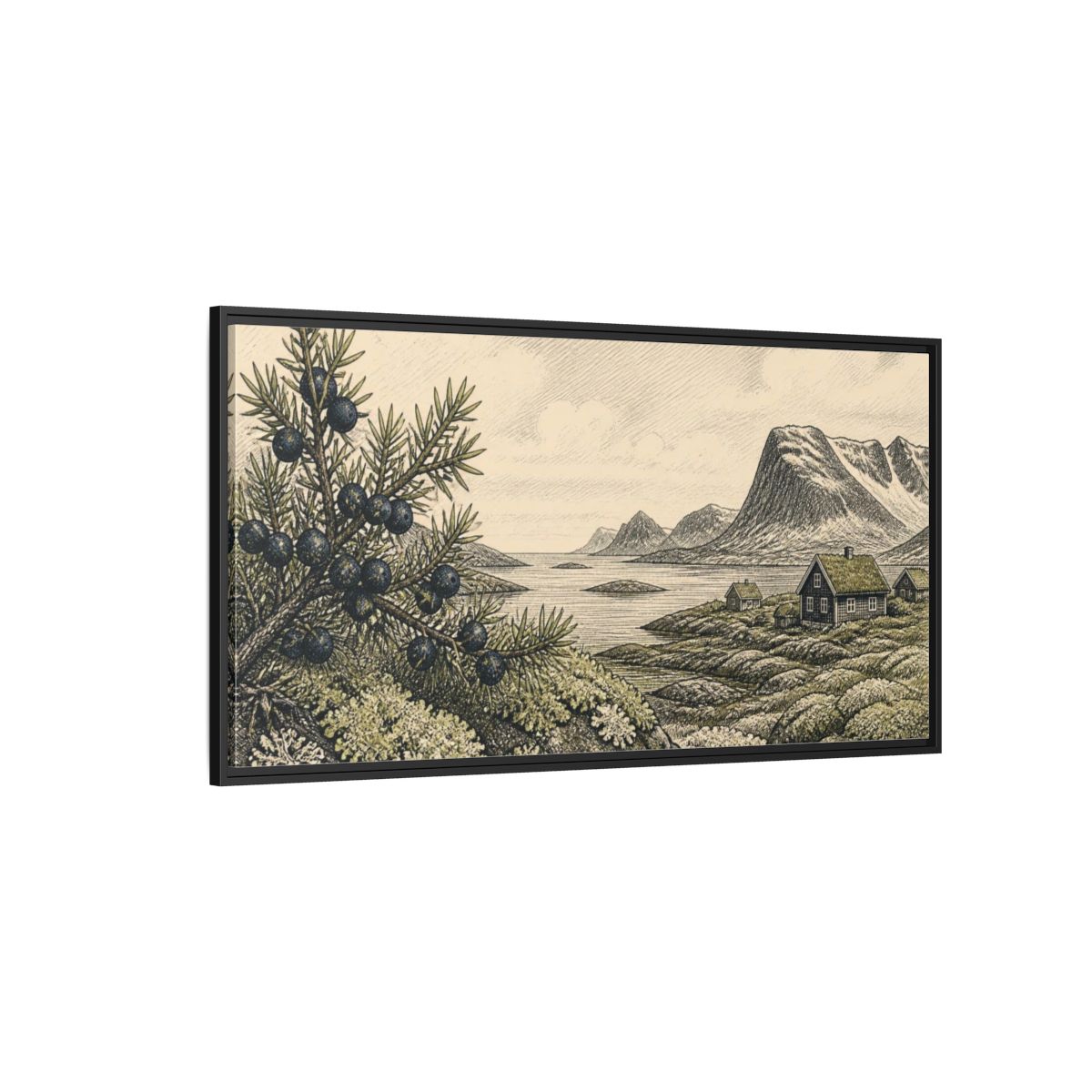 Side Mockup 5. Scandinavian Juniper Coast shown as framed canvas print