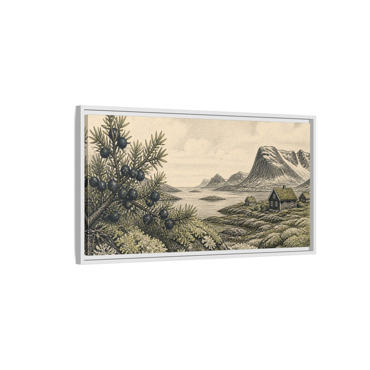 Side Mockup 1. Scandinavian Juniper Coast shown as framed canvas print