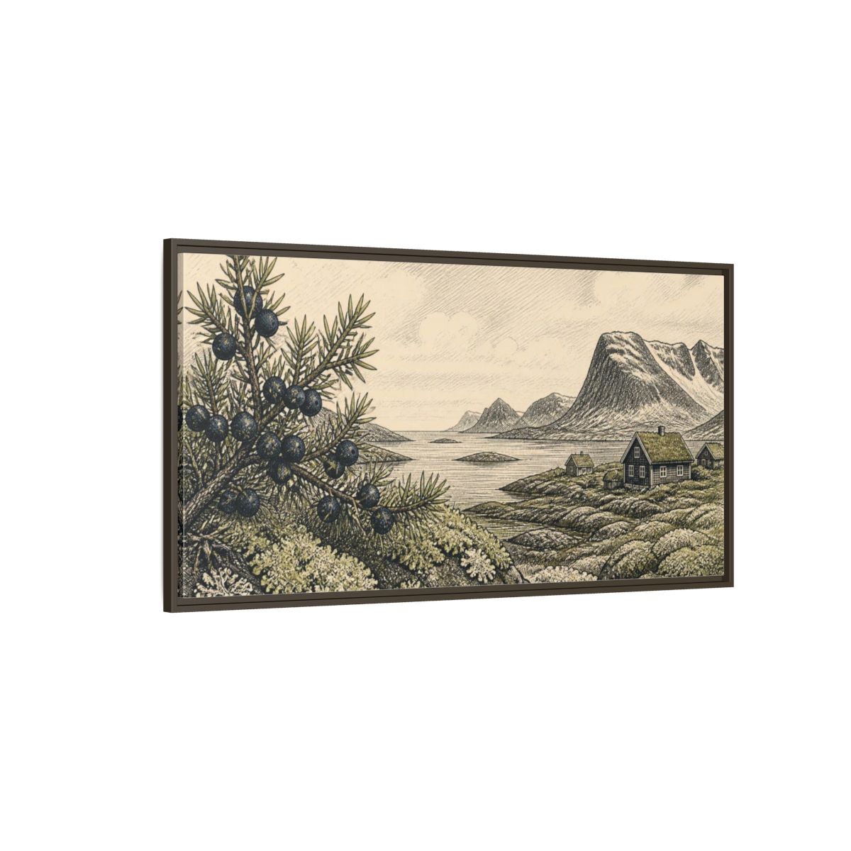 Side Mockup 4. Scandinavian Juniper Coast shown as framed canvas print
