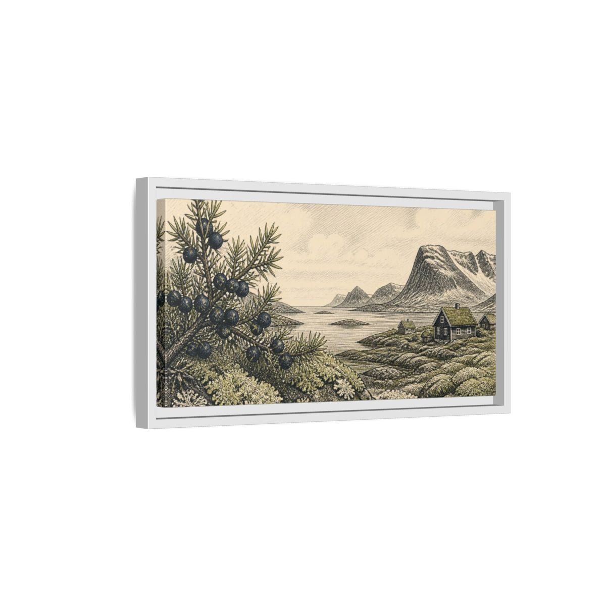 Side Mockup 6. Scandinavian Juniper Coast shown as framed canvas print