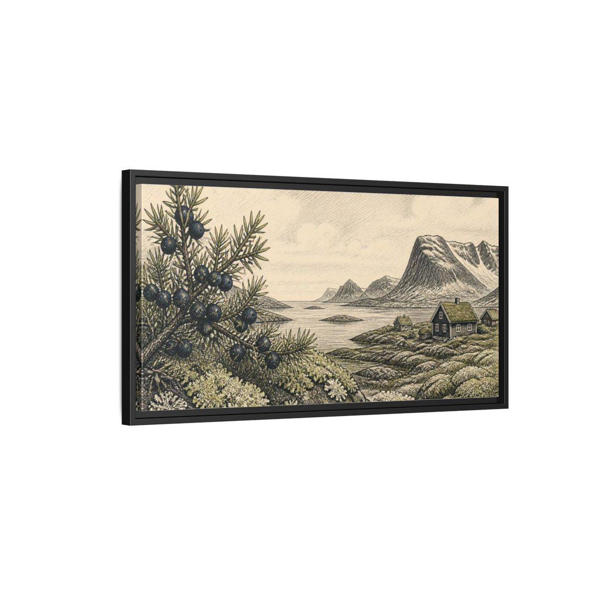 Side Mockup 2. Scandinavian Juniper Coast shown as framed canvas print