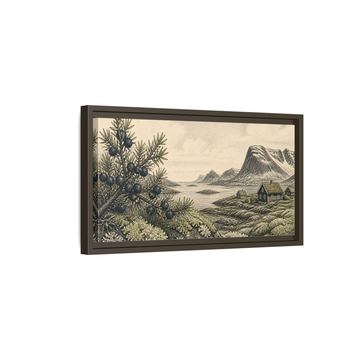 Side Mockup 7. Scandinavian Juniper Coast shown as framed canvas print