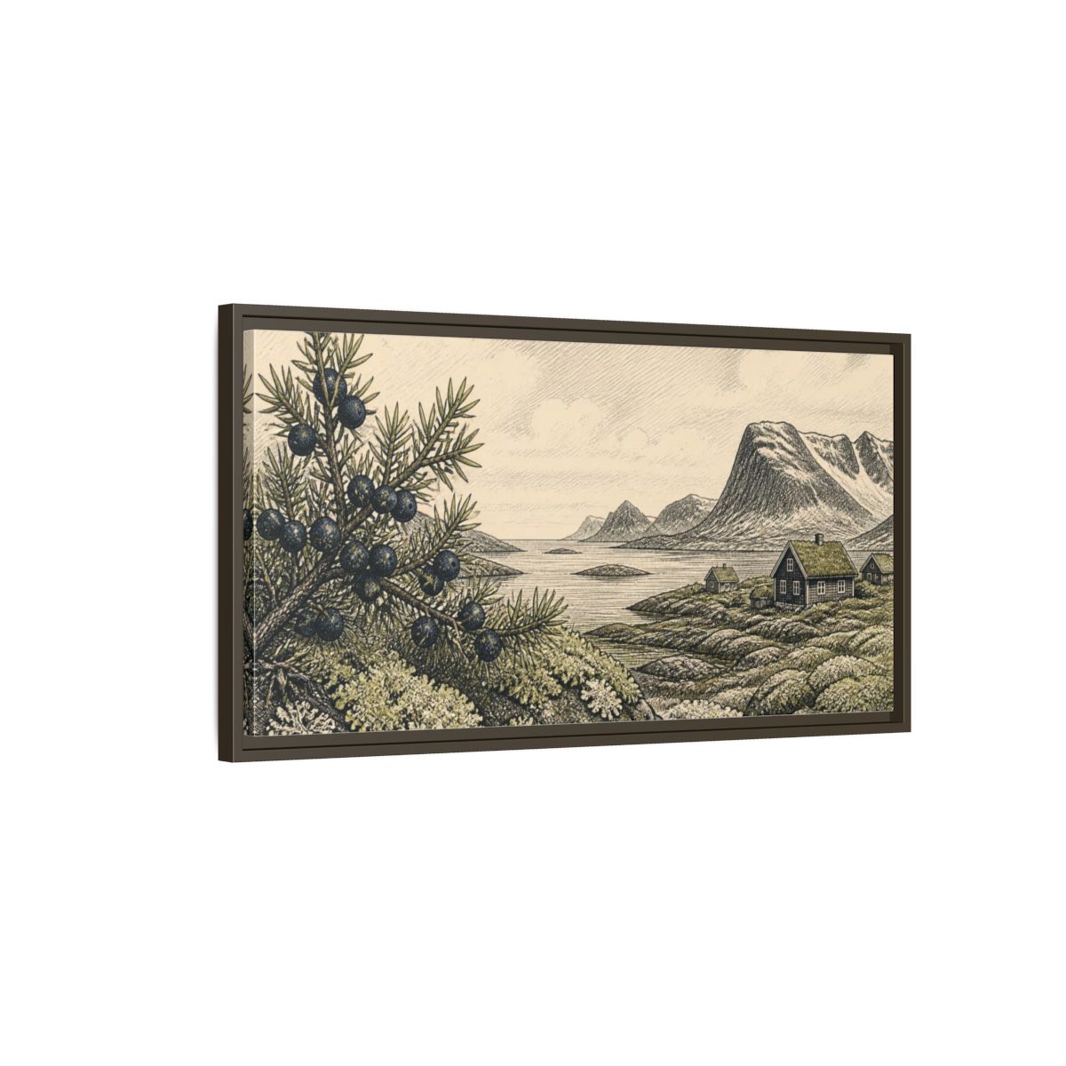 Main Mockup. Scandinavian Juniper Coast shown as framed canvas print